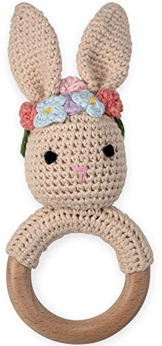 OLGS Beißring gehäkelte Tiere Löwe mit intigrierter Babyrassel, Greifling Spielzeug Beißring | Geschenk zur Geburt für Baby & Kinder Junge/Mädchen (Hase/Bunny mit Blumen)
