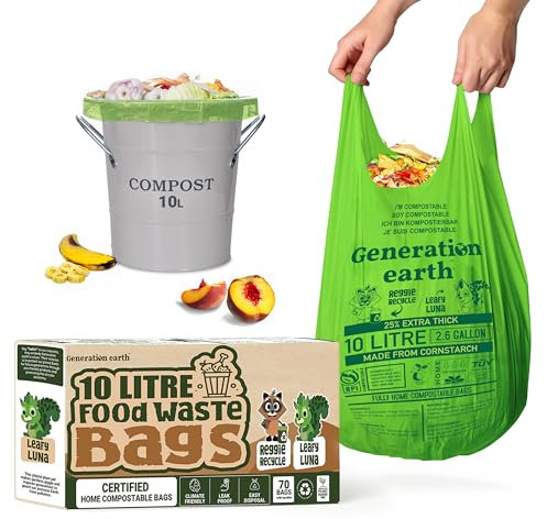 Generation earth - 70 sacchetti da 10 l, super resistenti, compostabili, per rifiuti alimentari, amido di mais, sacchetti biodegradabili, sacchetti per rifiuti compostabili