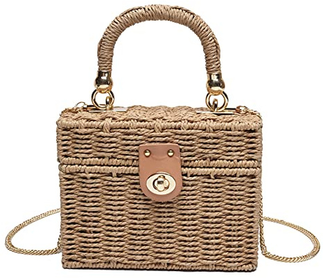 Women's Straw Bag Vintage Basket Purse Summer Beach Handbag Rattan Crossbody Bag Casual Vacation (Handbag-Khaki)