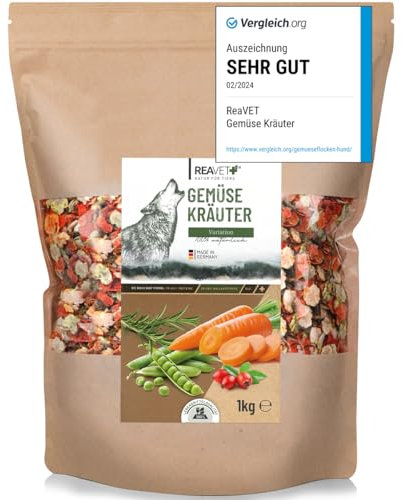 TESTURTEIL SEHR GUT 02/24 ReaVET Gemüse und Kräuter 1kg für Hunde I Gemüseflocken Getreidefrei I Ergänzungsflocken Barf Zusatz für Hund