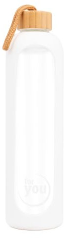 for you Nachhaltige Trinkflasche snow white | 1000ml aus Glas mit Silikonhülle und spülmaschinenfest | 1Liter Auslaufsichere Wasserflasche mit Bambusdeckel | 100% BPA frei | geeignet von -20°C – 150°C