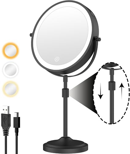 9 Lighted Makeup Mirror with 1X 10x Magnification, 5000mAh Rechargeable Led Magnifying Vanity mirror with lights, 3 Lighting Colors, Brightness Dimmable Height Adjustable Cosmetic Mirror Black