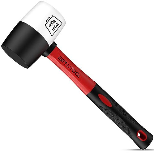 GETLITOOL Rubber Mallet 16oz, Non-Marking Black/White Two-Sided Hammer with Fiberglass Handle, 55mm Head for Flooring, Tile Installation, Woodworking, Camping, Non-Slip Grip