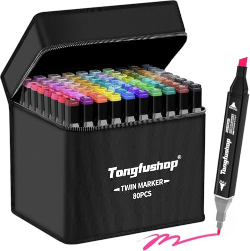 Tongfushop Filzstifte Alkohol Marker, 80 Farben Marker Set mit Feinspitze & Breitspitze, 2-Sekunden Schnelltrocknend, Alkohol Stifte mit Anti-Seepage Abstandshaltern für Malerei, Design