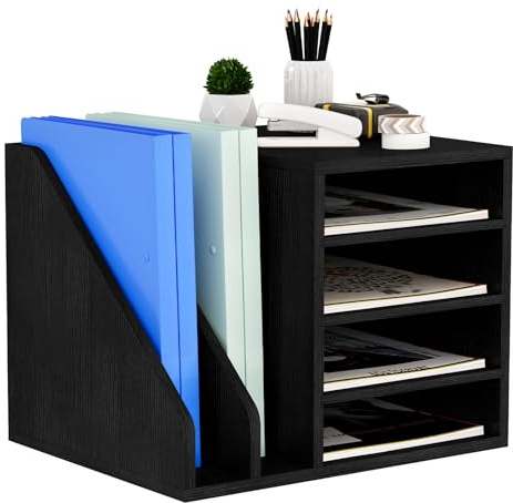 Senhoglb 4 Fächer Holz Büro Schreibtisch Ordner Organizer, A4 Dokumentenhalter Briefablage Aktenhalter Zeitschriftenhalter, Multifunktionaler Papier, Magazin, Bürobedarf Organisator, schwarz