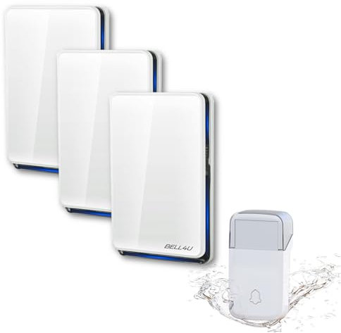 Bell4U Haustürklingel Funk, Türklingel Funk Set, kabellos, ohne Batterie, Wasserdicht, mit 3 Plug-in-Empfängern, 51 Melodien und 4 Lautstärkestufen, 200 m Reichweite