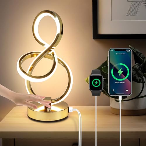 EIDEARAY Nachttischlampe LED,10W Moderne Tischlampe,3 Farbtemperaturen Touch Control stufenlos dimmbare Tischleuchte mit USB-Anschlüssen, für Schlafzimmer Wohnzimmer Büro(Gold)