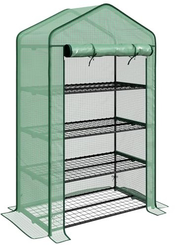 Outsunny Mini Gewächshaus Gartenregal für Garten, Balkon, Regal, Gewächshaus, 4 Ebenen, 90 x 49 x 160 cm, verzinkter Stahl, abnehmbare Plane, Polyethylen, hohe Dichte, Grün