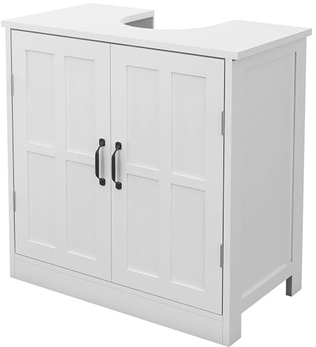 kleankin Mueble para Debajo del Lavabo Armario Bajo del Lavabo con Estante Ajustable y Puerta Doble Carga 20 kg 60x30x60 cm Blanco