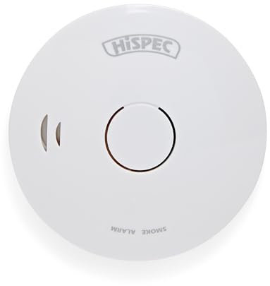 Hispec Battery Operated Smoke Detector, 10 Year Sealed Lithium Battery, Hush Feature, 85dB Alarm, Low Battery Warning, Power/Alarm Test Button, Wall Plugs & Screws Included