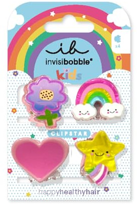 invisibobble Clip Star Kids Happy World - 4 pinzas para el pelo para niños, diseño de arco iris, estrella, corazón y flores, pinzas antideslizantes para el cabello para un cabello sano, perfectos para