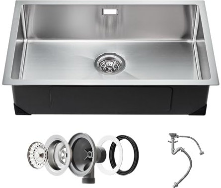 VEVOR Fregadero de Cocina bajo Encimera Acero Inoxidable 304, Lavabo de Granja de Un Solo Tazón con Accesorios, Fregaderos de Lavavajillas Domésticos para RV, Cocina de Preparación, 700 x 430 x 190 mm