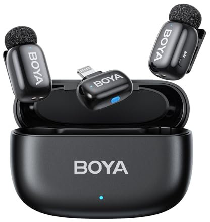 BOYA Mini Microfono Wireless per iPhone, Microfono Lavalier Ultraleggero 5g con Lightning Plug, AI Voice Changer, Riduzione del Rumore 3 Livelli, 30h, Microfoni Wireless professionali per Video Social