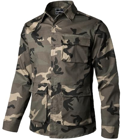 Sungerdasa Camicia da Lavoro Uomo in Cotone Militare Mimetico con Multi Tasche Maniche Lunghe Camicia Tattica Vintage per Trekking Caccia Casual Giornaliero