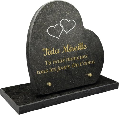 Plaque funéraire Coeur en Granit véritable d'épaisseur 2 cm, Personnalisable avec Pictogramme, textes et Signature - 22,5 x 22,5 cm