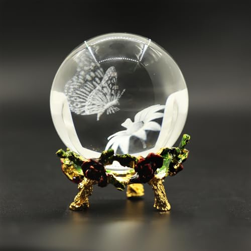 Eterspr Esfera de Cristal Decorativa de Mariposa, Pisapapeles, Pisapapeles de cristal de 60 mm, manualidades con soporte de metal, regalos，para decoración del