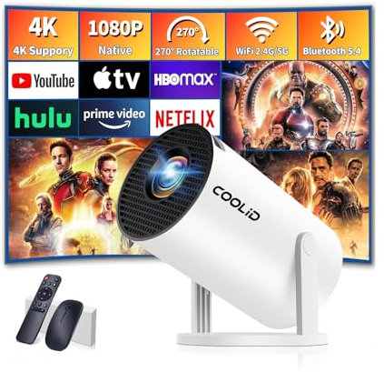 Mini Proiettore 1080P HD,Proiettore Portatile con WiFi 6 BT 5.4,Videoproiettore con Messa Fuoco Automatica e Correzione Automatica Del Trapezzo,Applicabile Chiavetta TV/USB/Laptop, con Mouse Bianco