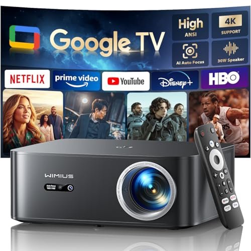 【Bundled with Google TV Stick/4K Supported】Smart Projector with WiFi & Bluetooth, Outdoor & Home TV Movie Projectors with Voice Control, Auto Focus & Keystone, Compatible with Netflix Proyector WiMiUS