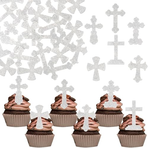 60 Stück Essbare Kreuz Cupcake Toppers Christliche Taufe Kuchen Deko Gott Segnet Tortendeko für Religiös Kreuz Erste Heilige Kommunion Thema Baby Dusche Geburtstag Party Cupcake Dekorationen Silber