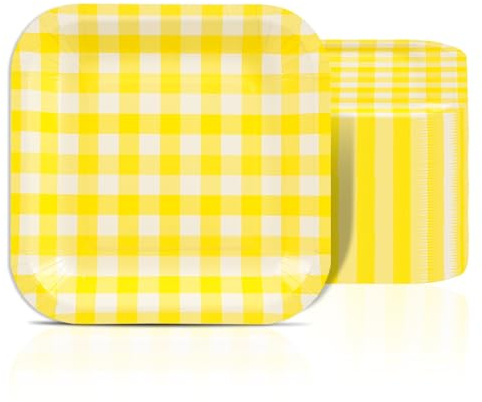 EVYIENEN 50 Pcs Yellow Striped Paper Plates 7 Inch Disposable Square Dinner Dessert Serving Party Plates for Birthday Wedding Bridal Baby Shower Party Supplies