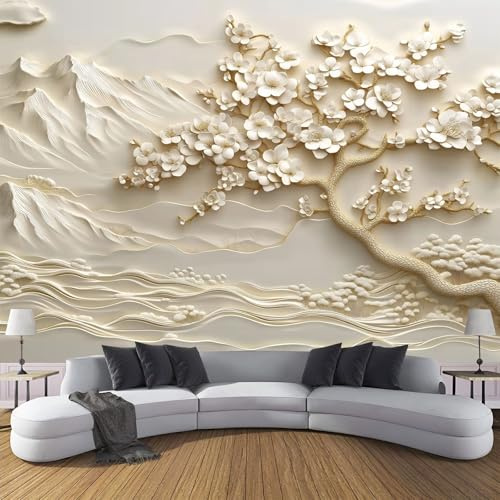 Carta Da Parati 3D Effetto, Moda XL Design Piante Classiche Fiori Bianchi Fotomurali in TNT Rilievo Montagne Fotomurale Beige Moderna Decorazione da Parete per Camera da Letto Soggiorno 250×170cm