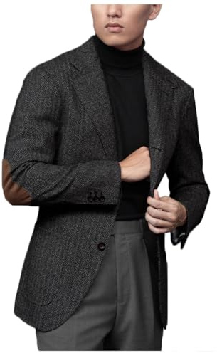 Stillluxury Blazer da uomo in tweed a spina di pesce con toppa sul gomito, monopetto, giacca formale cappotto sportivo per ballo di fine anno e matrimonio, M