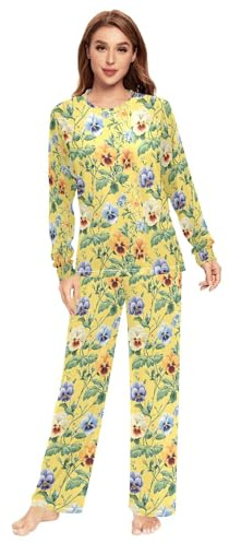 Spring Flowers Orchid Pansy Oberonia Yellow Pajama Set for Women 2 Piece Soft Men Sleep Pants Lounge Sets, Spring Flowers Orchid Pansy Oberonia Yellow, XL