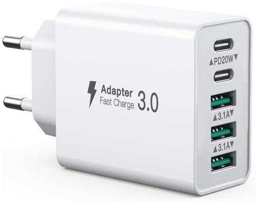 USB C-laddare 50 W multifunktionell, 5 portar, USBC- och USBA-kontakt, USB-nätadapter, väggladdare, snabbladdare PD20W, kompatibel med iPhone 11/12/13/14/15/16/Galaxy S21/S22/S23/surfplattor