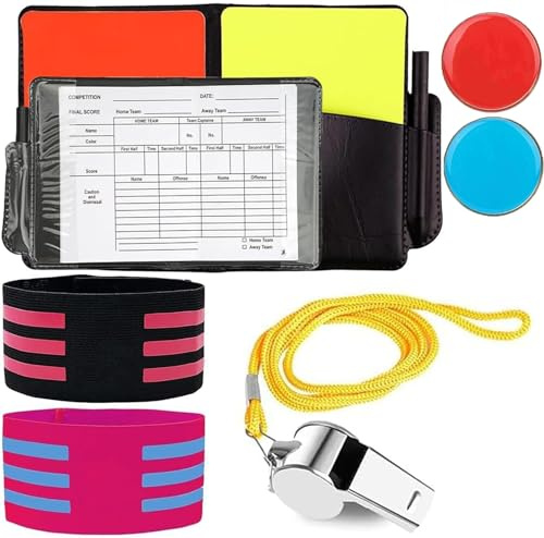 Football Referee Cards Set Sports Referee Notebook Kit Referee Whistle with Lanyard, Red Card Yellow Card, Captains Armband, Score Book with Pencil Football Accessories Referee Kit for Football Soccer
