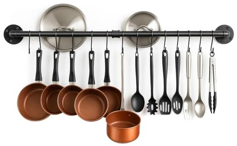 Wall Mount Pot Pan Bar Rack 97cm with 14 (13 cm) S Hooks Wall Mounted Industrial Pipe Pan Pot Rack Metal Style Hanging Rail Kitchen Utensils Hanger Organiser for Hanging Pans Utensils Cookware 2pcs