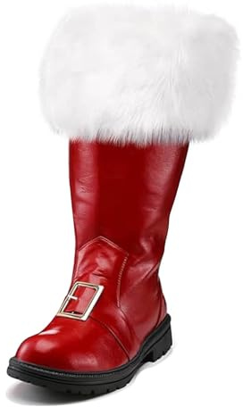 Stivali da Babbo Natale da uomo, a tinta unita, con peluche bianco e cerniera laterale, stivali natalizi da combattimento per Halloween, Natale, cosplay, 2 rossi., 39 1/3 EU
