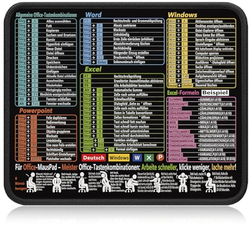 Mauspad 300 x 250 x 2 mm - Excel Shortcuts Deutsch Mousepad für Office - Tastaturkürzeln Mouse Pad Klein - Wasserdicht und Rutschfester Gummi für PC-Büro, Arbeit, Gaming, Studium, Laptop