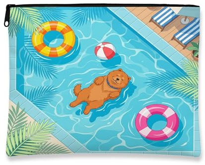 Chow Chow Dog Makeup Bag, Cute Pool Lifebuoys Tropical Cosmetic Travel Pouch for Women, Portable Small Canvas Zipper Organizer, Pet Toiletry Bag 7x9 Inch