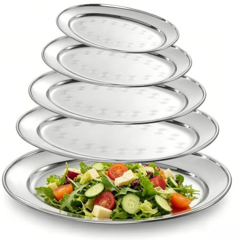 Neikafan 5 Stk Oval Serviertablett aus Edelstahl,Dekorieren Servierplatten | 21/25/30/34/39cm, Kaltes Servieren Tabletts für Party, Café, Restaurant, Hochzeit, Geburtstag, Familiefest
