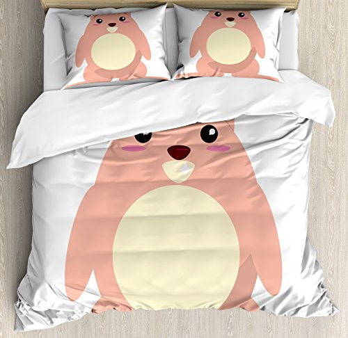 Ambesonne Anime Duvet Cover Set, Beaver Cartoon in Kawaii Style Funny Character for, Decorative 3 Piece Bedding Set with 2 Pillow Shams, King Size, Pale Coral and Cream