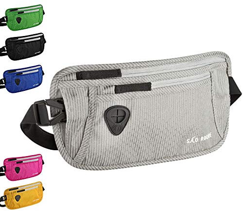SAO ROQUE ® Bauchtasche Damen Herren (S) Reisepasshülle Gürteltasche Reise Gadgets, RFID Blocker, Hüfttasche stylisch, Geldgürtel flach (Silber-Grau)