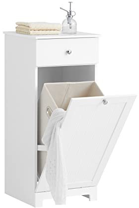 SoBuy Badezimmerschrank mit Wäschekorb - Wäscheschrank mit Schublade - Kompakter Badschrank für kleine Badezimmer - Badmöbel aus MDF mit ausklappbarem Wäschesack, 40x90x38cm, Weißes, BZR21-W