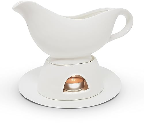KOVOT 12 Ounce Gravy Boat, Warming Stand & Tray | Ceramic White Gravy Dish With Tealight Warming Option