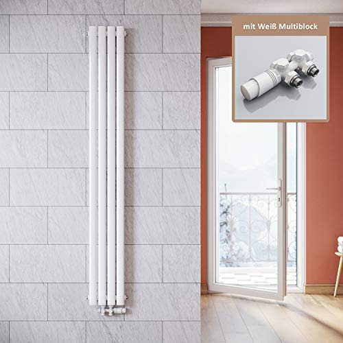 ELEGANT Vertikal Heizkörper Design Weiß 1800x236mm mit Multiblock Weiß Thermostat Röhrenheizkörper Einlagig Badheizkörper Mittelanschluss