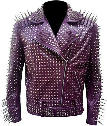 Brando Motorradjacke für Herren mit Nieten, Rindsleder, Punk-Rock-Welt, Lila Gr. S, Lila – Lederjacke mit Nieten