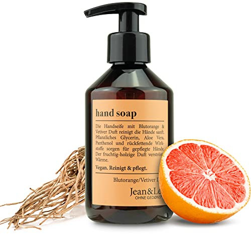 Jean & Len Handseife Blutorange & Vetiver, reinigt Hände sanft, Flüssigseife im Pumpspender für reine und gepflegte Hände, fruchtig-holziger Duft, ohne Parabene, Silikone & Mikroplastik, vegan, 250 ml