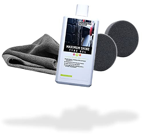 detailmate Reifen Pflegeset | ValetPRO Maximum Shine Tyre Gel 500ml + Edgeless Grey Low Mikrofasertuch 40x40cm 380GSM + 2X Applikatorpad 90/22mm | Set für die optimale Reifenpflege