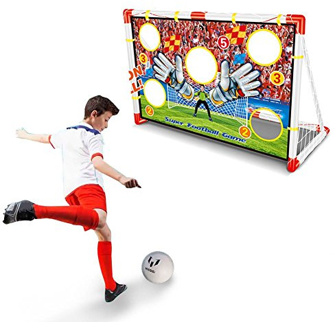 BakajiPorta da Calcio Giocattolo per Bambini Allenamento Rigori con Fori Punteggio in Tessuto Struttura in Plastica Gioco Sport Football Esterno Giardino con Pallone Dimensione 120 x 73,5 cm