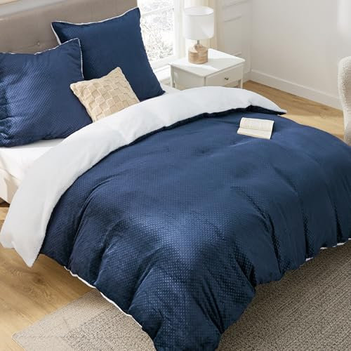 BEDSURE Ropa de cama esponjosa 155x220 Azul - Funda nórdica de invierno de forro polar con 2 fundas de almohada 80x80 cm, Juegos de ropa de cama cálidos con cremallera, Ropa de cama de invierno de