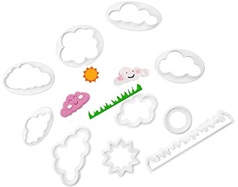 MYSUNBAR 10 Stück Wolke Fondant Ausstecher Kunststoff, DIY Kuchen Fondant Cookies Fondant Deko, Keksausstecher mit Gras/Sonne/Runder/Wolkenform