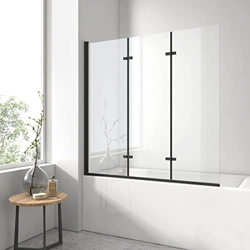 EMKE Pare-baignoire rabattable 130 x 140 cm, 3 volets pivotants, 6mm verre de sécurité, 180° balançoire, Cadre Noir de style industriel, nano-revêtement