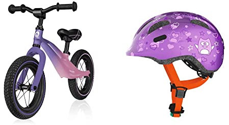 Lionelo Bart Laufrad ab 2 Jahre bis zu 30 kg & ABUS Kinderhelm Smiley 2.0 - Robuster Fahrradhelm für Mädchen und Jungs - Lila mit Eulenmuster, Größe M