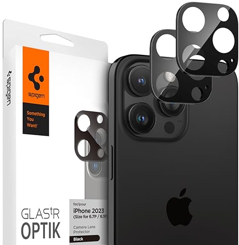 Spigen EZ Fit Optik Protection Camera [2P] pour iPhone 16 Pro/16 Pro Max | 15 Pro/15 Pro Max/ 14 Pro/14 Pro Max, Noir, Installation facile, Dureté 9H, Découpes de précision, Protection caméra
