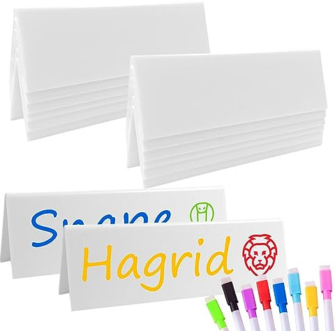 12 Sets Reusable Dry Erase Name Tent Cards with Colorful Markers Wipe Clean Desk Name Tags Guest Name Plate for Weddings Meetings Classroom Office Workplace