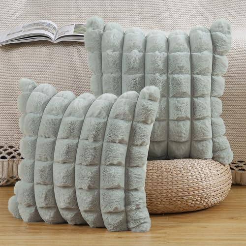 Madizz 2er Set Kunstpelz Plüsch Dekorative Kissenbezüge Gestreifte Weich Dekorative Kissenbezug für Sofa Schlafzimmer Kissen Shell Hellgrau 50 x 50 cm